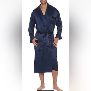Intimo Men’s 100% Silk Robe Bath Lounge Pajamas Navy Christmas Gift New